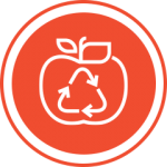 Red Apple Icon with a Reduce, Reuse, Recycle Symbol.